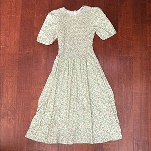 Greylin Cottagecore Green, Tan & White Textured Dress, Smocked Bodice, Size Sm